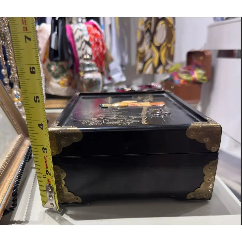 Vintage Black Asian Style Jewelry Box with Mirror Ring Rolls and Brass Hardware